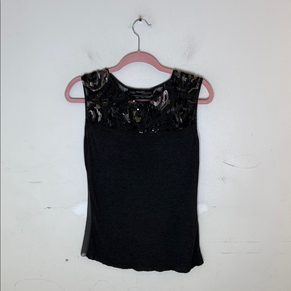 All Saints Gray Top with Beaded and Sheer Back Detail Size 2